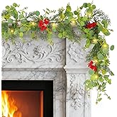 6FT Prelit Christmas Garland with Lights, Realistic Eucalyptus Garland with Artificial Cedar Cypress Leaves Red Berries Pine Cone Greenery Xmas Garland for Mantle Stair Railing Fireplace Decoroation