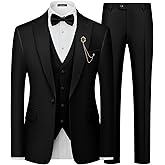 MAGE MALE Mens Suit Slim Fit 3 Piece Tuxedo Suits One Button Wedding Prom Party Dinner Blazer Vest Black Pants Set