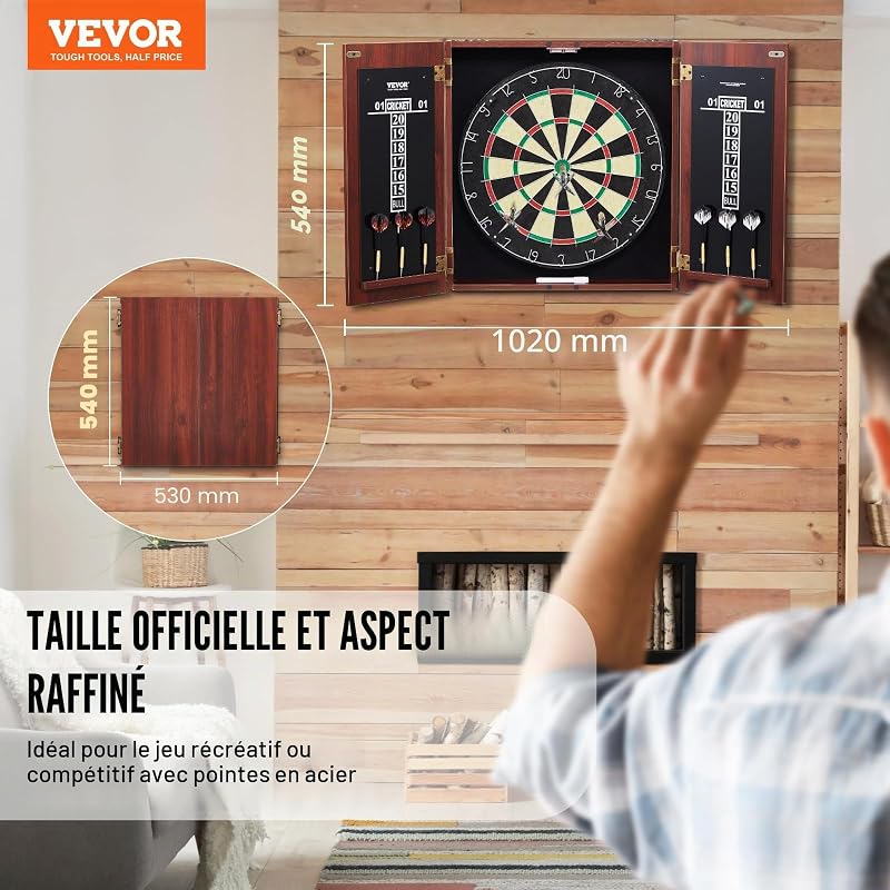 Cible de Fléchettes et Armoire Prêt à Jouer, Armoire à Fléchettes de Taille Officielle, Jeu de Fléchettes à Pointe en Acier, Assemblage Facile, Accessoires Complets, pour Jeux de Cricket