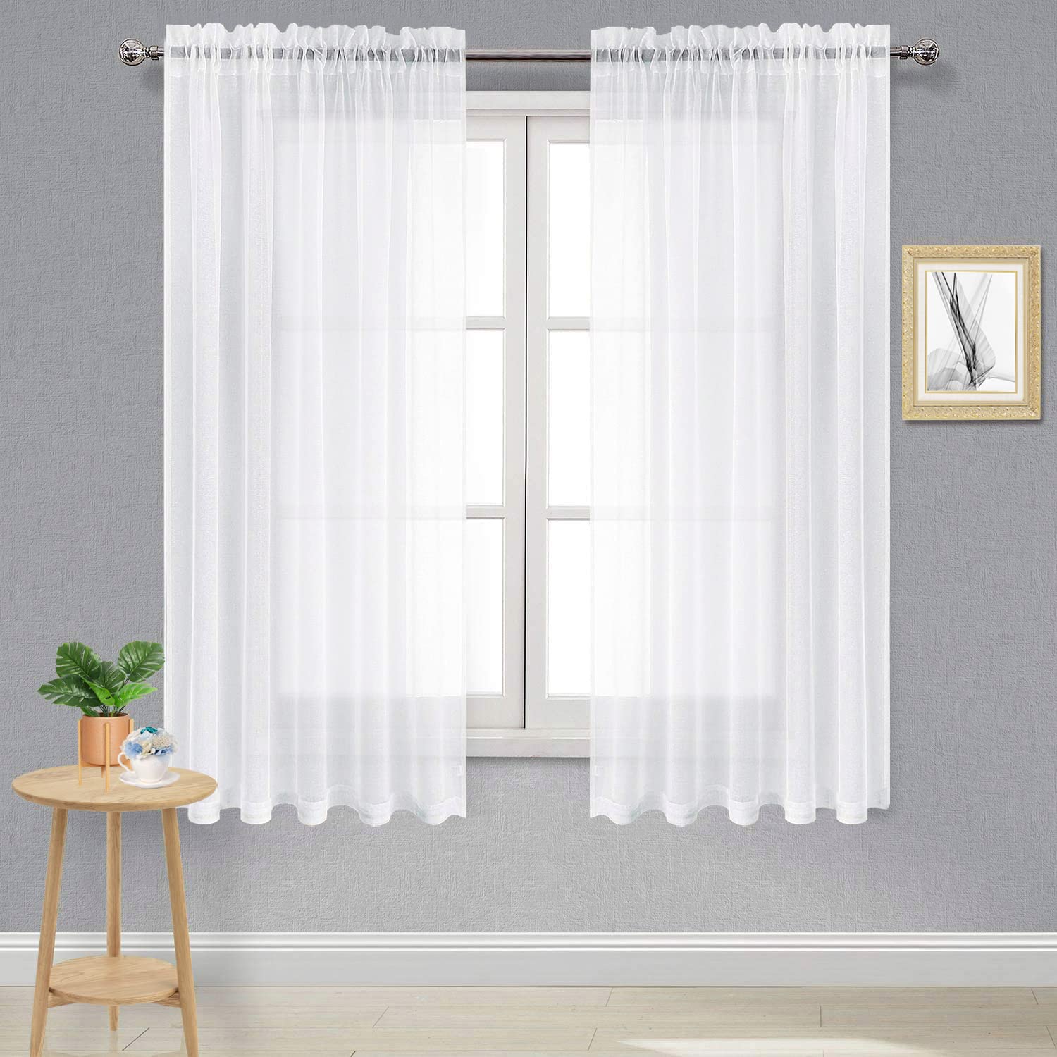 Photo 1 of DWCN White Sheer Curtains Semi Transparent Voile Rod Pocket Curtains for Bedroom and Living Room, 60 x 63 inches Long, Set of 2 Panels