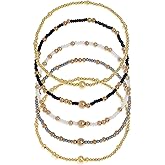 BXDA Gold Beads Stack Bracelets Set for Women, Trendy Boho Handmade Black White Gray Beaded Stackable Stretch Bracelet Prom Jewelry Gift.