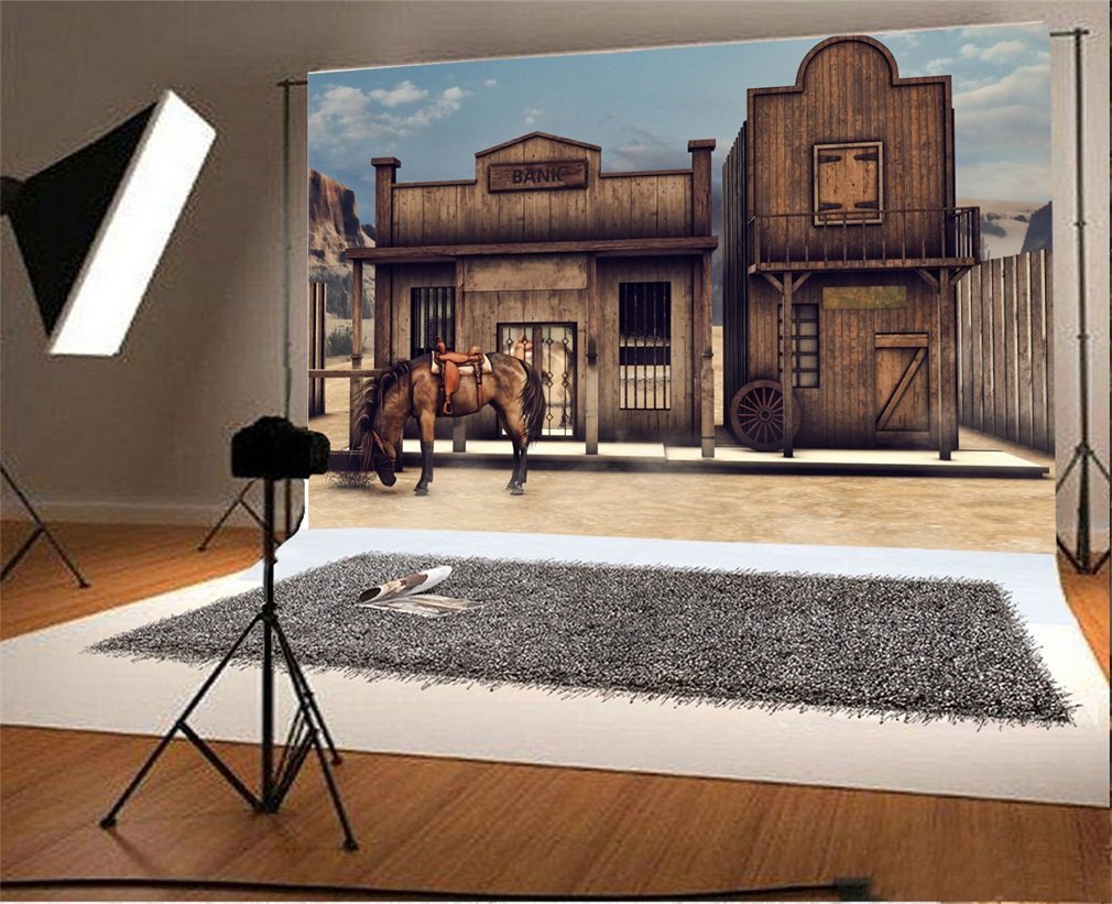 YongFoto 7x5ft Photography Backdrop Wild West House Bank Building Western Rustic Wooden House Photo Background Backdrops Photography Photo Shoots Party Adults Wedding Portrait Photo Studio Props Vinyl