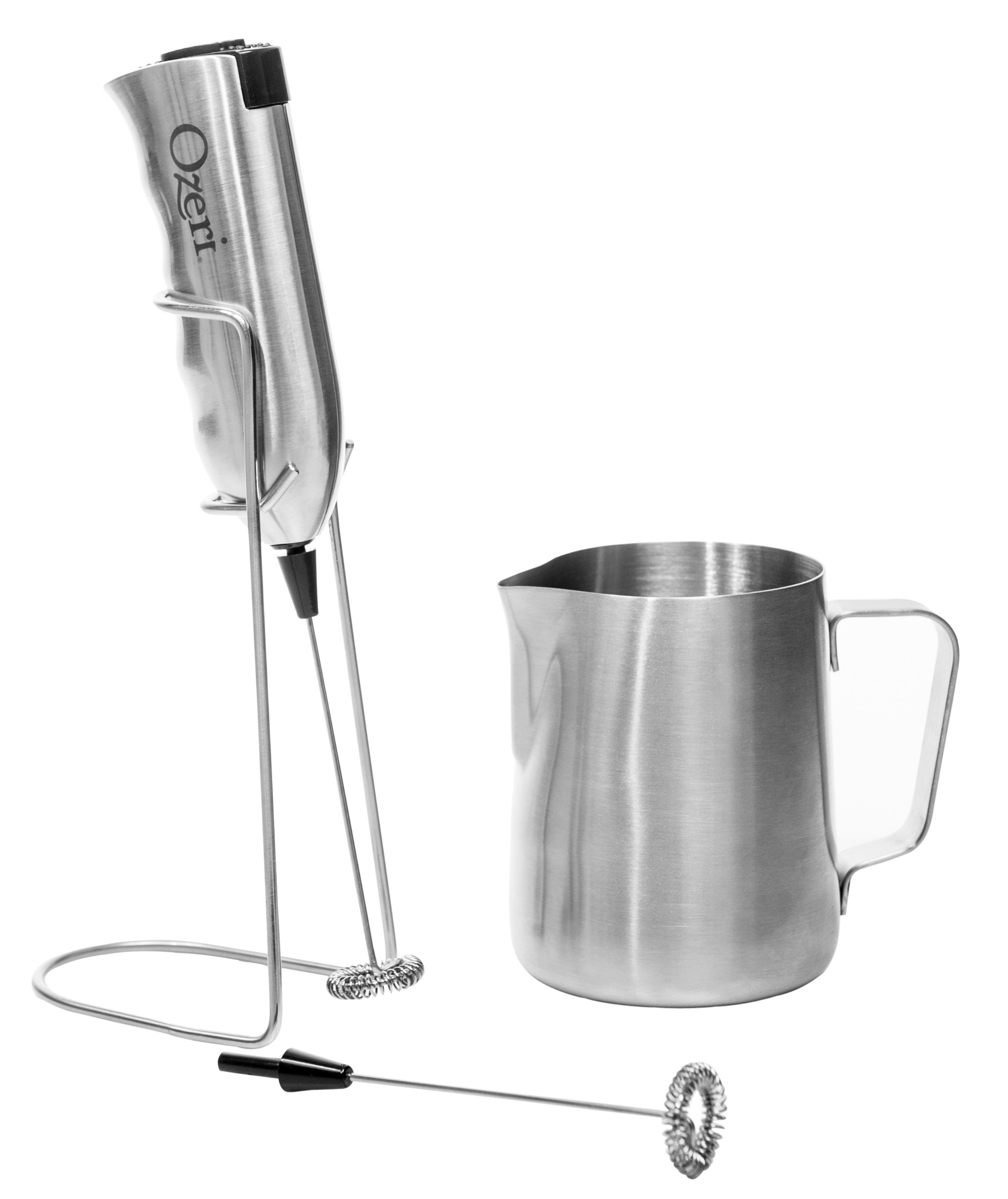 Ozeri Deluxe Milk Frother and 12 oz Frothing Pitcher in Stainless Steel, with Extra Whisk Attachment