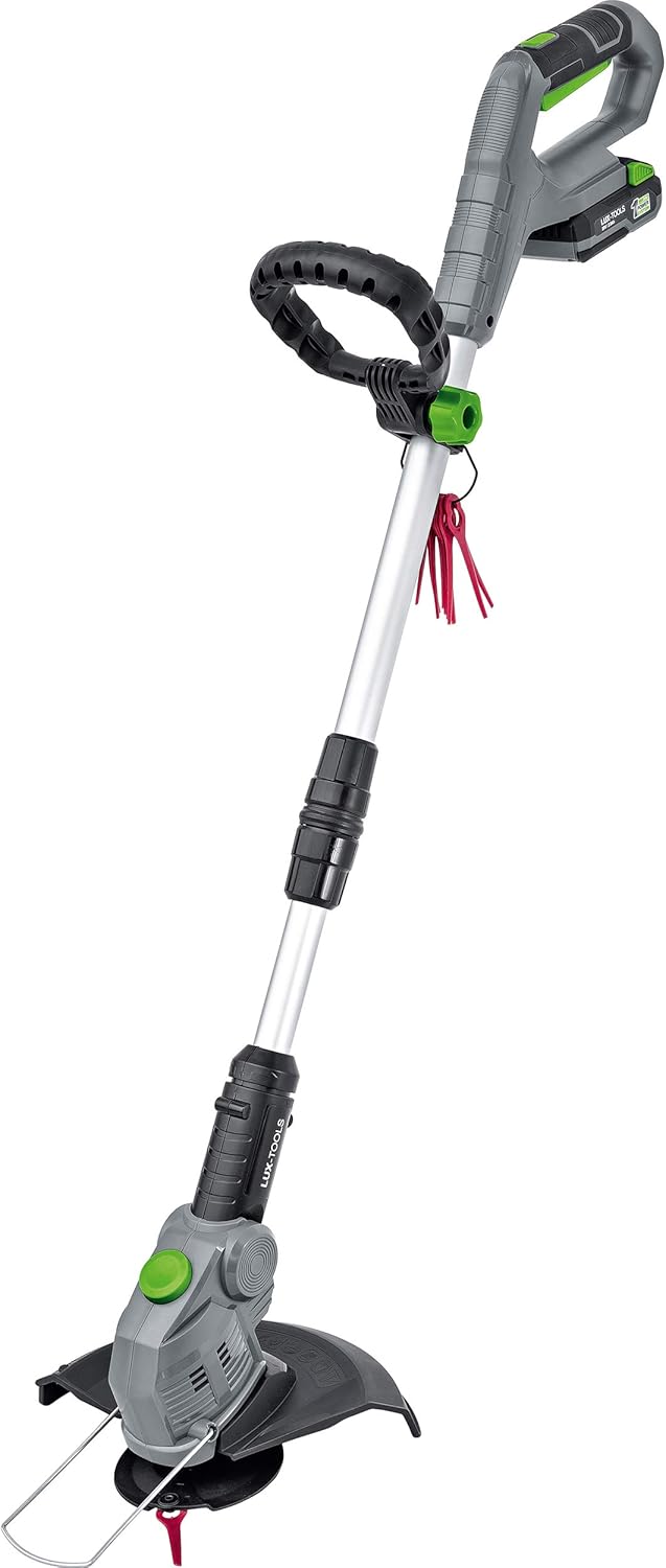 LUX-TOOLS A-RT-20/26 Akku-Rasentrimmer Set mit Teleskop-Stiel, Pflanzenschutzbügel und einem Schnittkreis von 26 cm inkl. 2,0Ah Akku &amp; Ladegerät | 20V Rasentrimmer mit 10 Schneidmessern aus Kunststoff