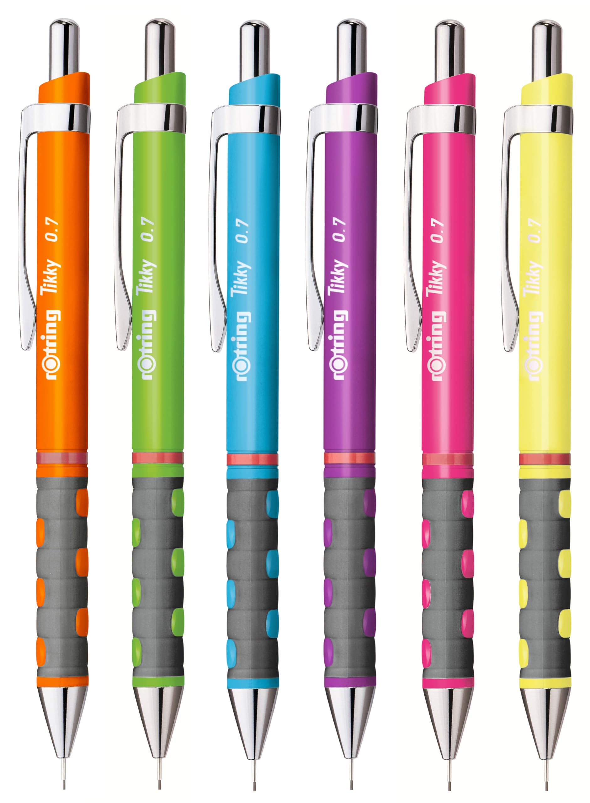 rOtring Tikky Mechanical Pencils - 0.7mm - Set of 6 Pencils - Assorted Barrel Colours - Rubber Grip - Refillable