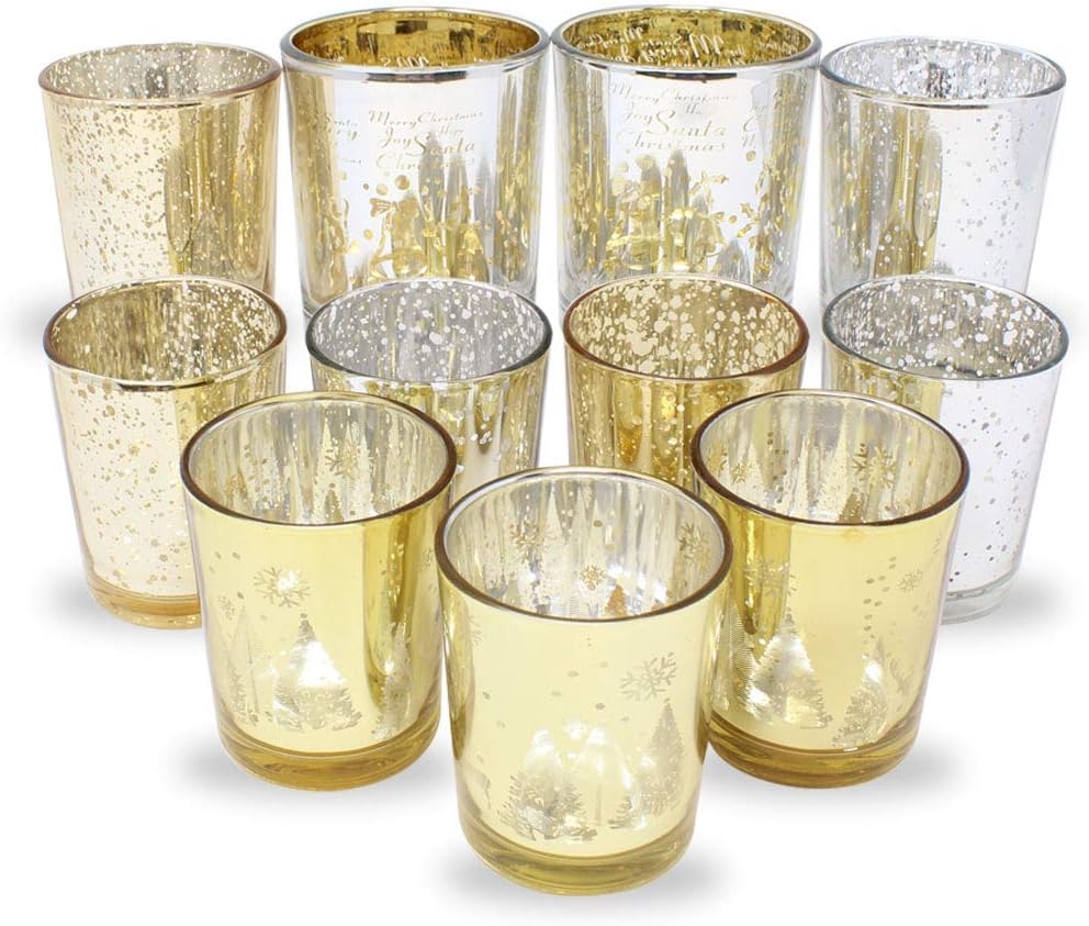 Amazon Com Just Artifacts 11pc Christmas Metallic Mercury Glass Votive Candle Holders Color Jingle Bells Home Kitchen