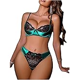 OYOANGLE Women's Sexy Lingerie 2 Piece Lace Bow Tie Underwire Push Up Silk Bra and Panty Lingerie Sets