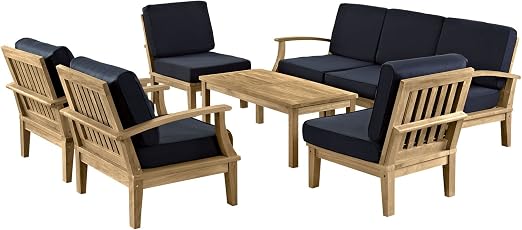 Amazon Com Modway Marina Premium Grade A Teak Wood 8 Piece Outdoor Patio Furniture Set In Natural Navy Garden Outdoor