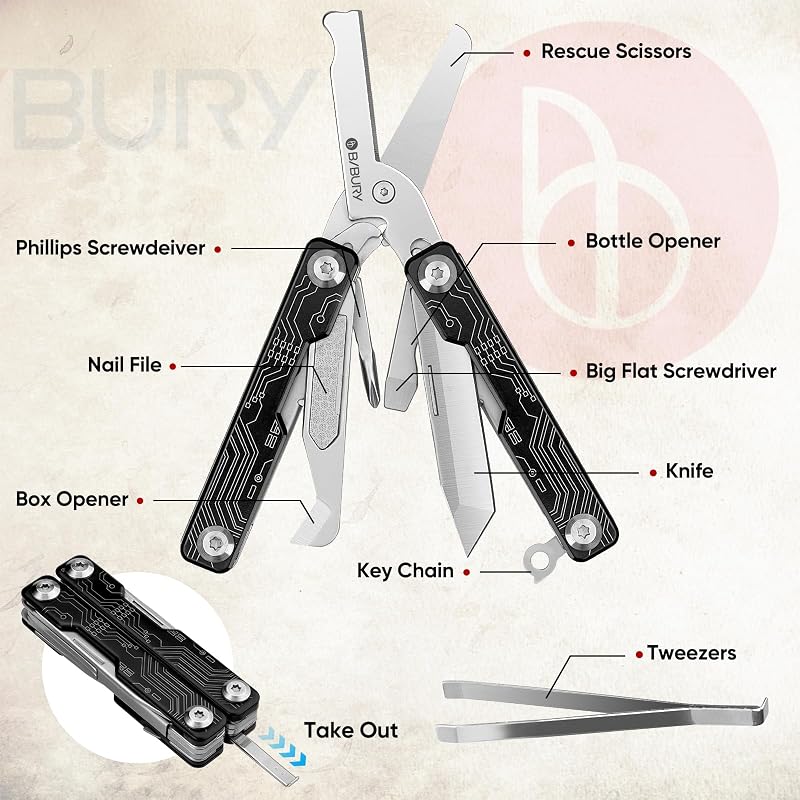 Multitool, EDC Mini Strumento Tascabile, Forbici Multiuso con Rompivetro, Forbici Multifunzione per Emergenze e Uso Quotidiano, Regalo Uomo Compleanno, Gadget, Idee Regali Natale Uomo - Nero