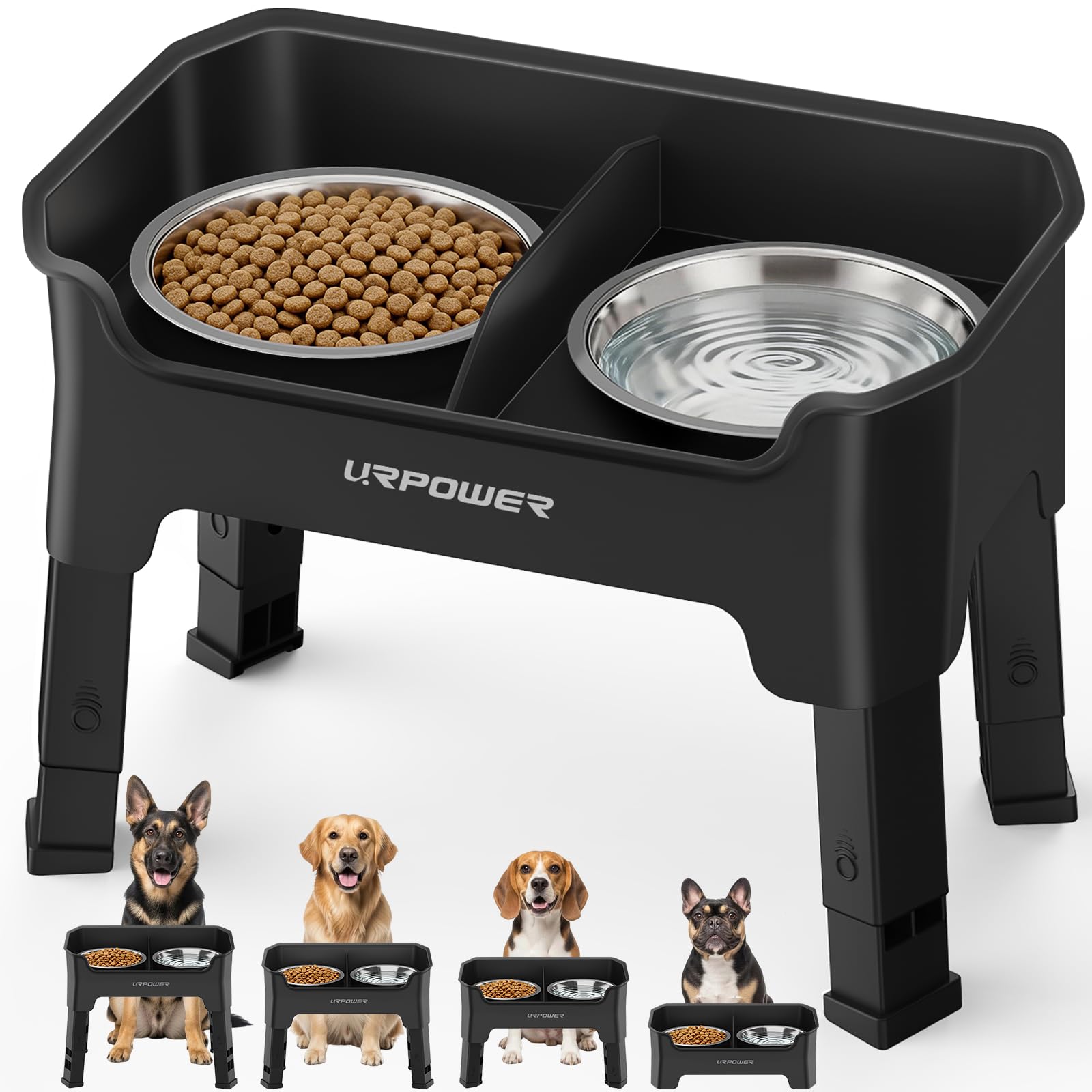 Photo 1 of URPOWER Mess Proof Elevated Dog Bowls, High Wall Splash Guard Design, 4 Height Adjustable Raised Bowl Stand, 2 Large Stainless Steel Bowls, Non-Slip Food Water Set for Small Medium Large Dogs