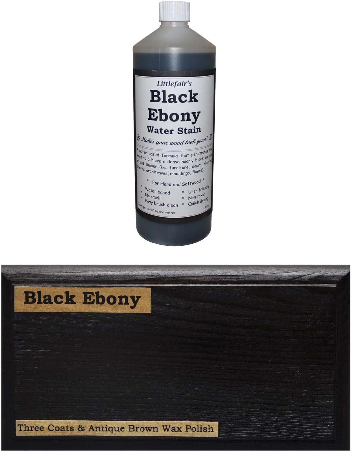 Littlefair's Wood Stain Water-Based, (Black Ebony), Non-Toxic, Eco-Friendly & Quick Drying, Easy-to-Apply