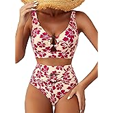 Herseas Women's High Waisted Bikini Sets - Floral Print 2 Piece Swimsuits Tummy Control Modest O Ring Bathing Suit