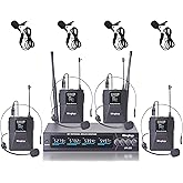 Wireless Microphones System with UHF Headset/Lavalier Lapel Mics, Bodypack Transmitter, 4 x 50 Channels, 164ft Range for Church Conference Performance Singing Karaoke PA Speaker Mixer