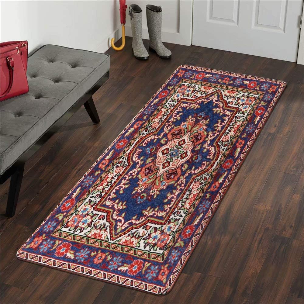 LIVEBOX Area Rug Runner, 2.6x6ft Faux Wool Vintage Bohemian Fuchsia and Grey Distressed Area Rug Traditional Persian Oriental Design Floor Mat for Entryway Laundry Bedroom Bathroom Carpet