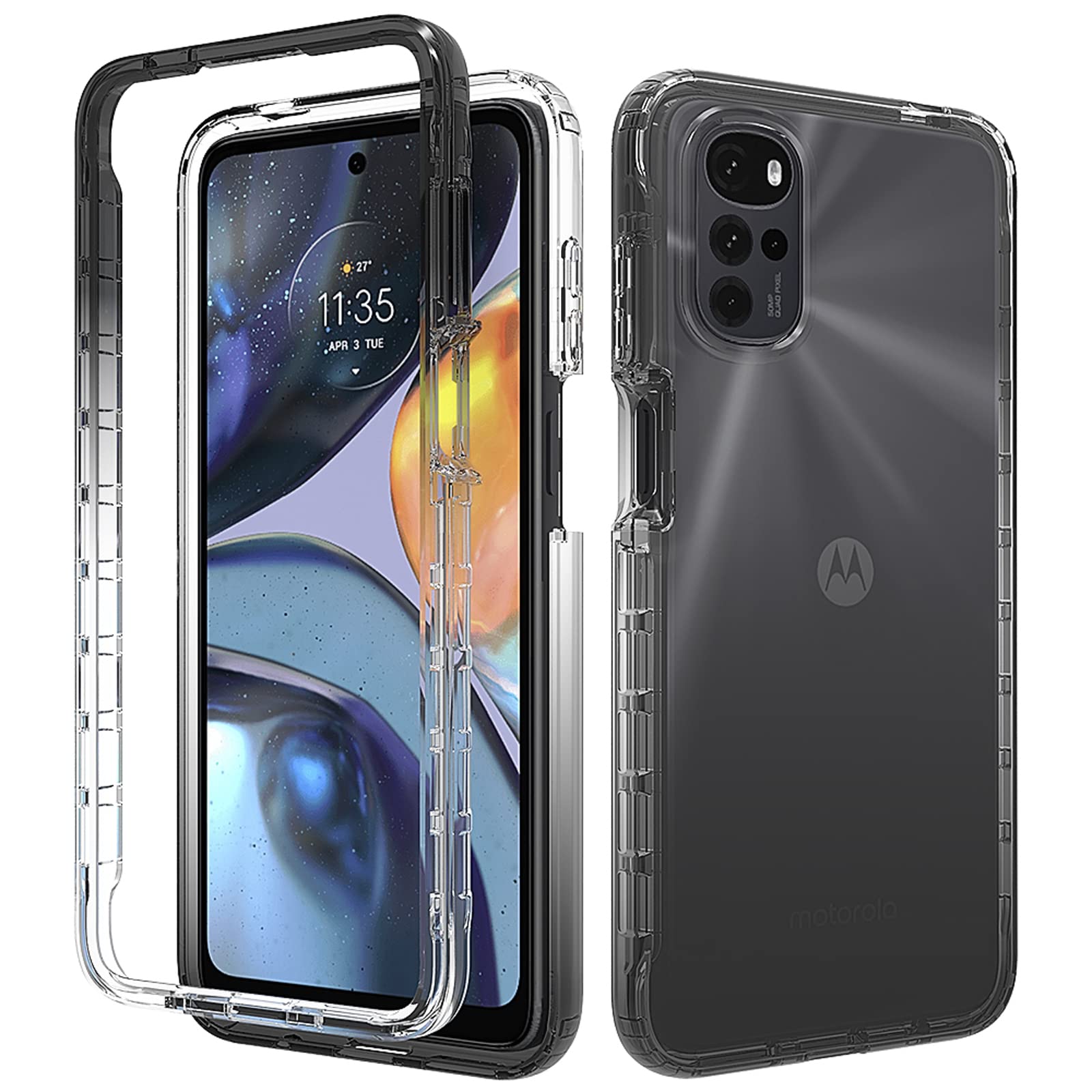 XINYEXIN Transparent Case for Motorola Moto G22 / Moto E32 / E32S Military Shockproof Crystal Clear Case with Bumper Gradient Design Full Body Protection Armor Cover - Black