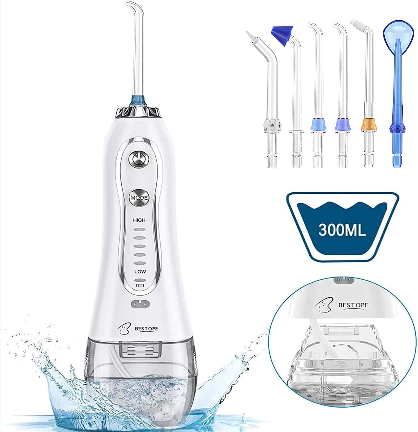 BESTOPE Water Oral Flosser Cordless 300ML Water Dental Flossers for Teeth Braces Dental Oral Irrigator with 5 Modes 6 Jet Tips, IPX7 Waterproof,Portable and Rechargeable for Home&Travel: Health & Personal Care