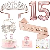 15th Birthday Decorations for Girls, 15th Birthday Sash and Crown, Cake Topper, Number Candles and Balloons, 15 Year Old Gifts for Girls