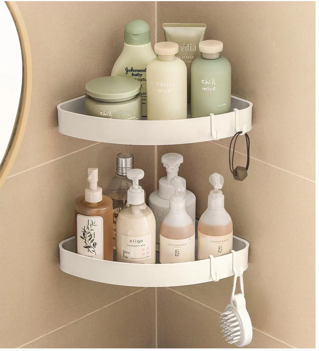 YUHIAKE Minimalist White L-Shape Shower Shelf, 2 Pack, 7kg Capacity, 2 Compartments, No Drilling Required, Wall Mount, HI-PS Plastic, Bathroom, Kitchen, Toilet Organiser