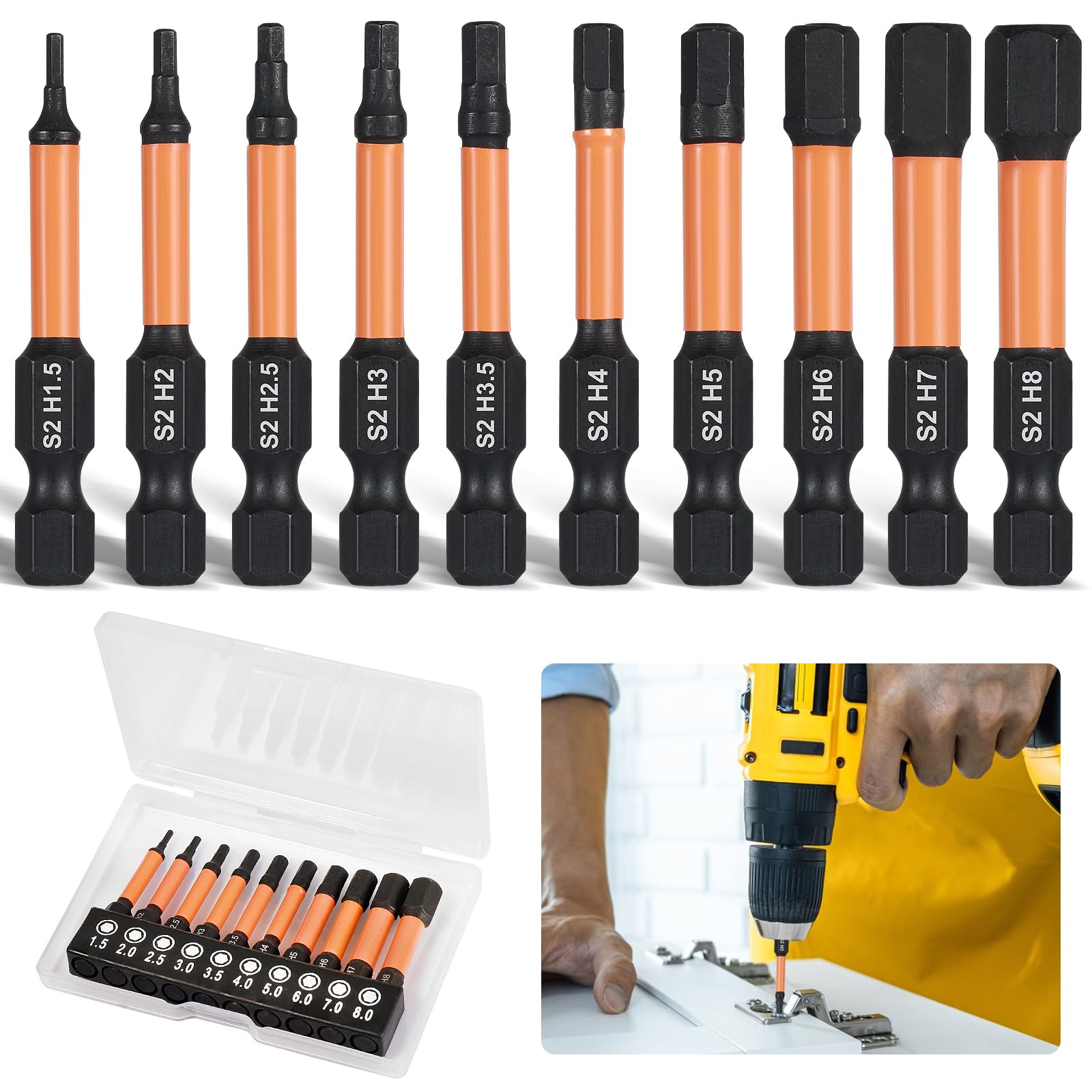 Bohoray 10 Pcs Hex Allen Key Drill Bit Set, Impact Hex Head Allen Wrench Set, S2 Steel Magnetic Hexagon Screwdriver Bit Set, 2” Long Magnetic Allen Wrench H1.5-H8