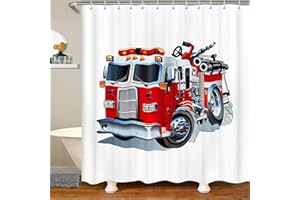 FEELYOU 3D Fire Truck Fabric Bathroom Shower Curtain Cartoon Car Vehicle Waterproof Shower Curtains for Kids Boys Girls Firemen Rescue Fire Fighting Shower Curtain with Hooks Red Car Curtain,72x72 Inches