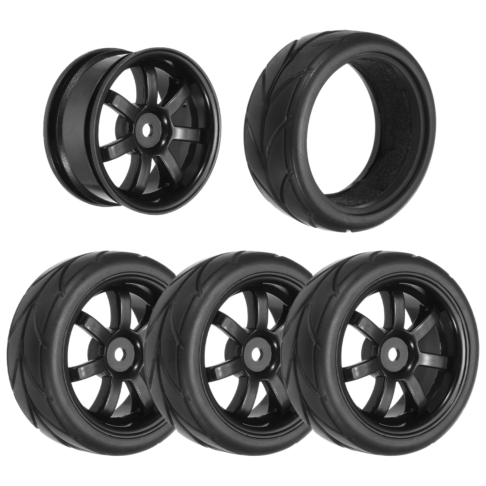 sourcing map 4-Pair High-Grip RC Car Tire & Wheel Set for 1/10 Scale On-Road Touring Cars - Soft Rubber Tyres with 12mm Hubs, Black, Type C