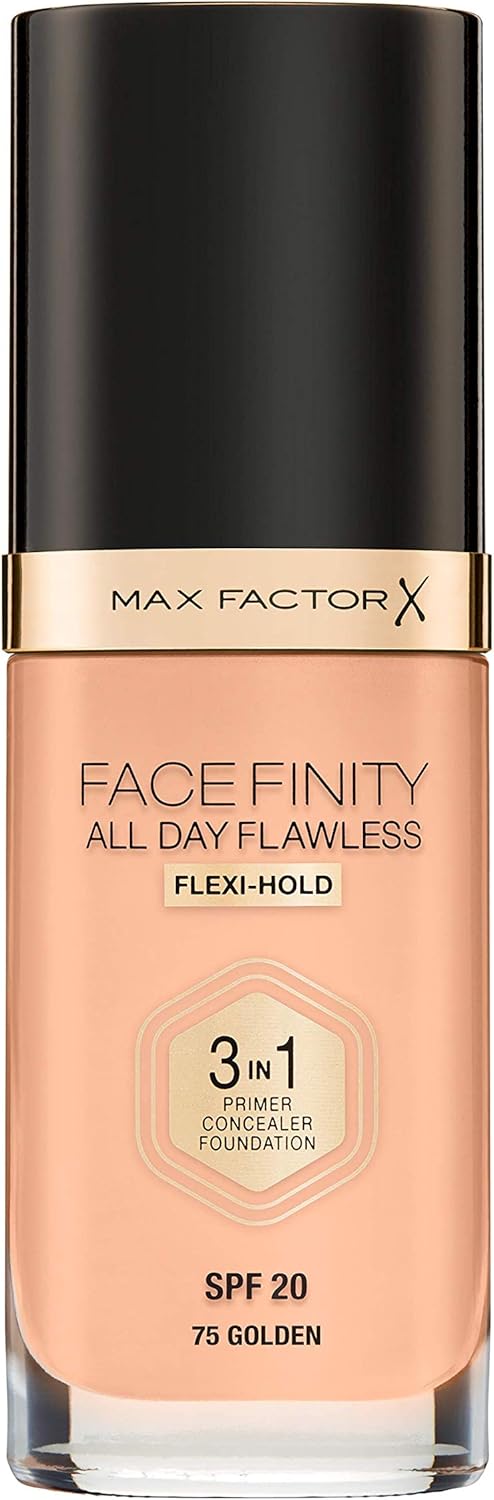 Max Factor SPF 20 Facefinity All Day Flawless 3 in 1 Foundation for Women, 75 Golden, 1 Ounce