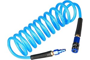 EADUTY Heavy Duty Reinforced Polyurethane Recoil Air Hose 1/4 in x 10 ft, Lightweight, Flexible Compressor Hose with Universal Quick Coupler, Plug and Bend Restrictors, Blue