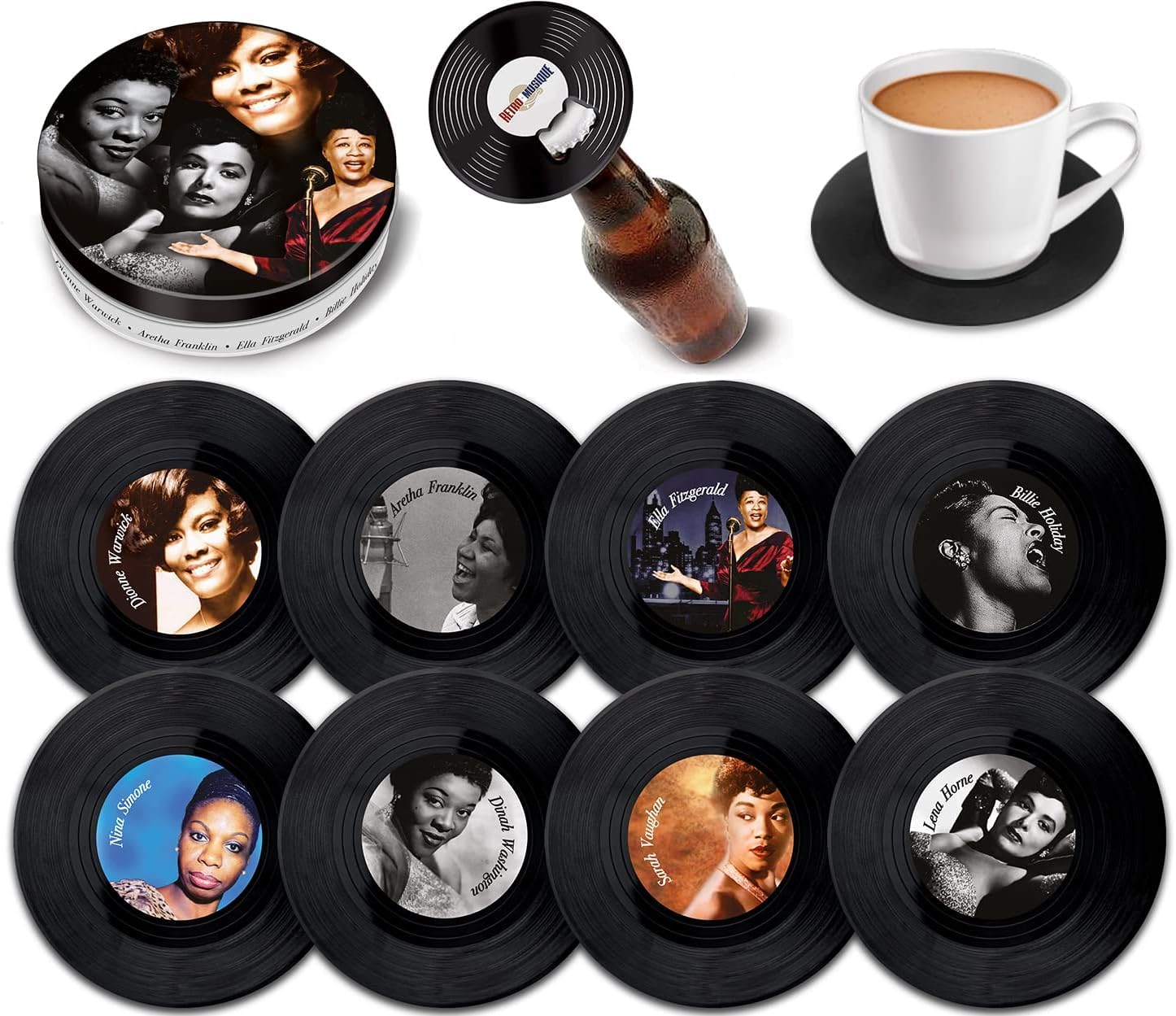 Retro Musique Jazz Divas Vinyl Coasters Set of 8 With Magnetic Bottle Opener | Lovely Music Coasters Bar Gifts For Men & Women | Fantastic Music Lover Gifts Housed In a Metal Tin