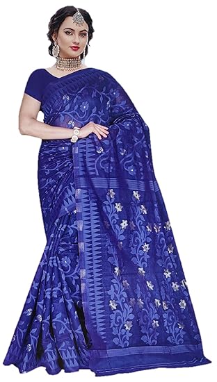 Women's Soft Dhakai Jamdani Saree With Blouse Piece In Blue
