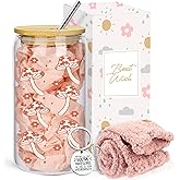wangxitumug Mushrooms Gifts for Women, 16 oz Mushroom Glass Cups with Lids Straws, Mushroom Themed Gift,Birthday Gift for Moms & Best Friends Who Love Mushrooms