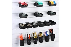 GlikCeil 18 Pcs Slatwall Bins Cups with Hook Loops Slatwall Wall Organizer Accessories Cups Set Slat Tool Holder for Garage Craft Workshop Office Storage(Black)