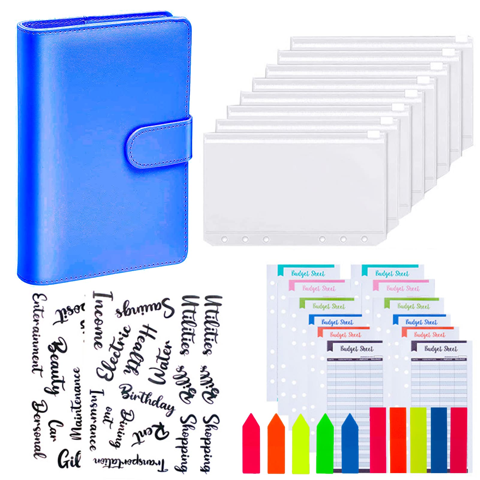 A6 Budget Binder Set - 28pcs Leather Ring Binder Notebook with Clear Cash Envelopes, Budget Sheets, Label Stickers and Cash Organizer for Travel and Diary - Blue