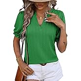 Dokotoo Womens Summer Short Puff Sleeves Blouses Shirts V Neck Cute Solid Knit Textured Casual Regular Fit Tops