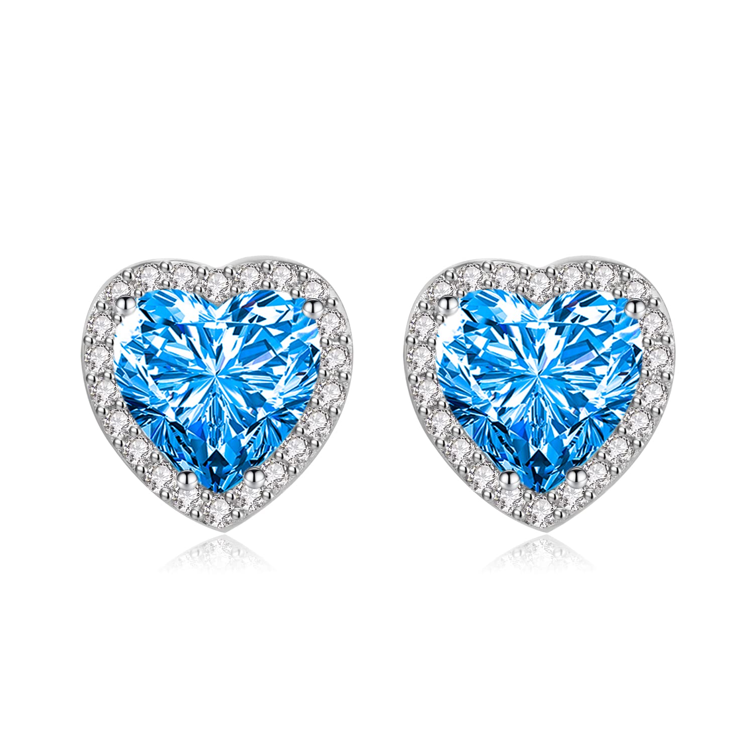 Shuxin Sterling Silver Stud Earrings for Women, Silver Heart Cubic Zirconia Stud Earrings, Big Blue Faux Crystal Diamond Gemstone Studs Earrings, Bridal Earrings for Brides Bridesmaids Wedding