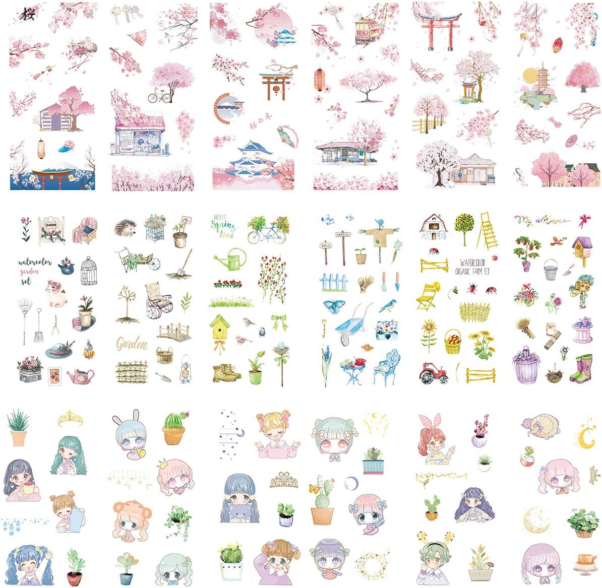 Kawaii Stationery Sticker Set (Assorted 18 Sheets) Pink Sakura Cherry Blossom Household Gardening Tool Cute Girl Flower Succulent Plants Cactus Decorative Adhesive Label for for Diary ScrapbookPlanner