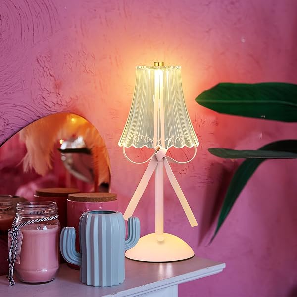 CHUNFUL BOW LAMP PLUGGED IN FOR WOMEN ROOM COQUETTE LAMP METAL TOUCH DESK DECOR 11.8 INCH TALL CUTE BEDSIDE LIGHT WITH SCALLOP SKIRT SHADE MODERN PRINCESS BEDROOM NURSERY DECORATION