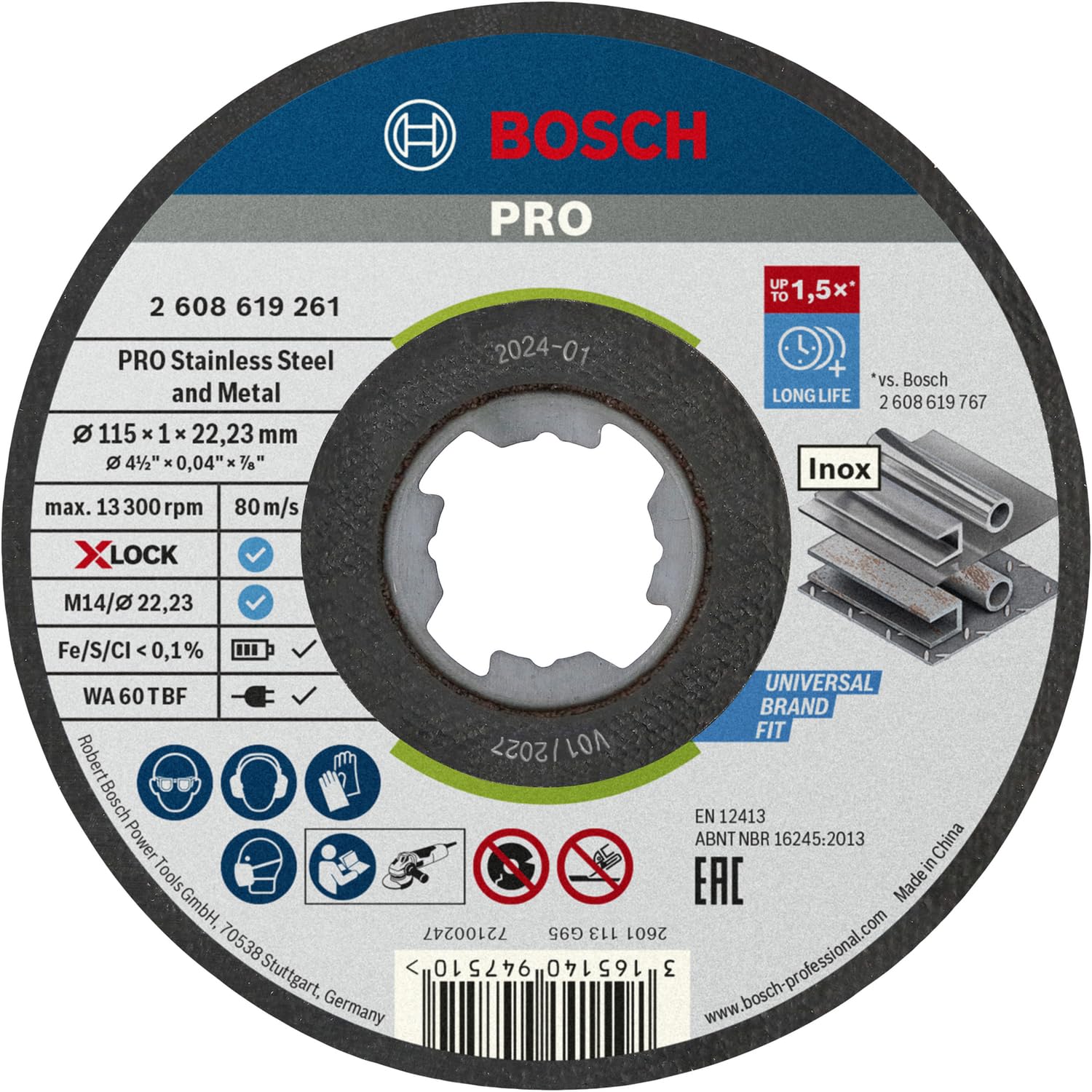 Bosch Professional 2608619266 Pack of 10 Straight Cutting Disc Standard (for Inox, X-LOCK, Diameter 115 mm, Bore Diameter: 22.23 mm, Thickness: 1 mm)