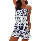 Sumtory Womens Summer Romper Strapless Beach Vacation Jumpsuit Resort Wear Shorts with Pockets