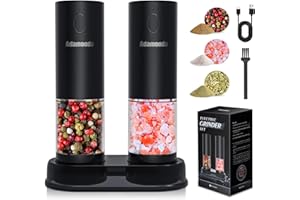ADAMONDA Rechargeable Electric Salt and Pepper Grinder Set with Adjustable Coarseness,One Hand Operation Automatic Salt and Pepper Mill Grinder Shakers with led Lights,2 Packs