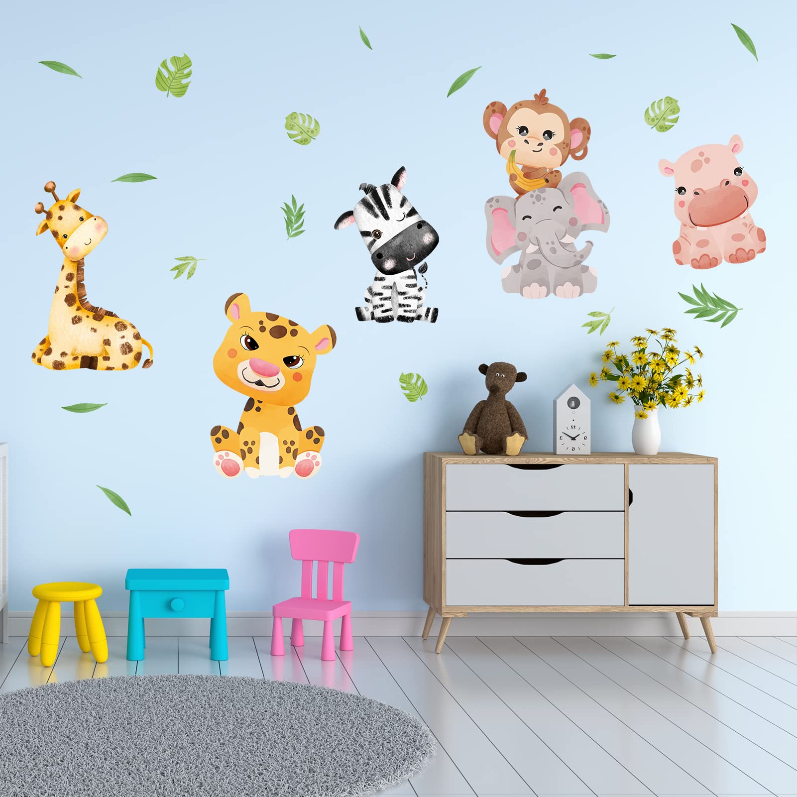 AnFigure Jungle Safari Animals Wall Stickers Elephant Monkey Giraffe Zebra Hippo Wall Decals Kids Baby Boys Girls Room Nursery Playroom Wall Sticker Childrens Babies Neutral Palm Leaf Crib Wall Decor