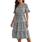 LOZ Dresses for Women Ruffle Short Sleeve Casual Midi Dress Khaki Polka Dot 2026 Party Crewneck Spring Summer Dress