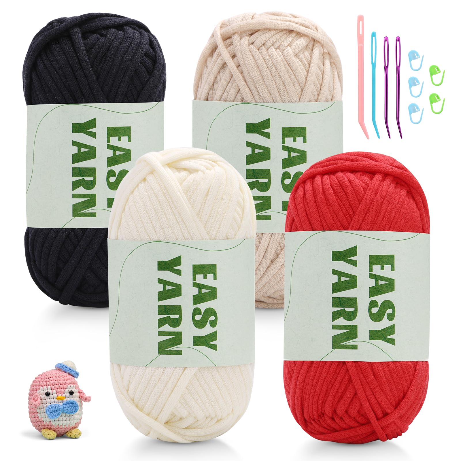 4x50g Crochet Yarn, Chunky Yarn for Crochet, Easy Cotton Yarn for Crochets with Easy-to-See Stitches, Stitch Markers, Easy Crochet Starter Kit for Beginners White Red Beige Black