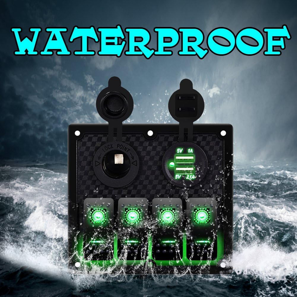 MKING 4 Gang / 6 Gang Car Marine Boat Circuit RV LED Toggle Rocker Switch Panel Breaker Voltmeter with Fuse Double USB for RV Car Boat Blue/Red/Green Light : Sports & Outdoors