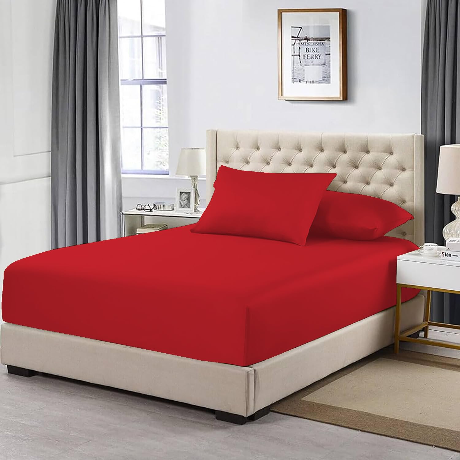 MistyMorning Extra Deep Fitted Sheet 16''/40cm, Egyptian Cotton bed sheets with 200 Thread Count, Soft & Premium quality Bedding & Linen (Red, King)