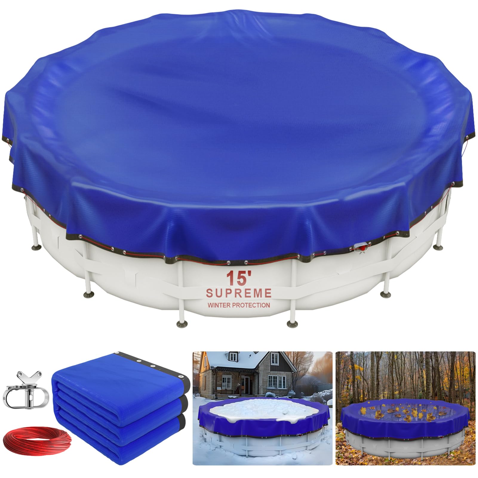 Photo 1 of ?New Upgrade? Winter Pool Cover 15 ft Round for Above Ground Pools, Extra Thick Durable Above Ground Swimming Pool Protection Cover, Encryption Grommets,Cold and UV Resistant with Premium Winch,Cable