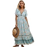 R.Vivimos Women's Summer V Neck Maxi Dress Boho Floral Print Short Sleeve Elastic Waist Ruffle Patchwork A-Line Beach Dress