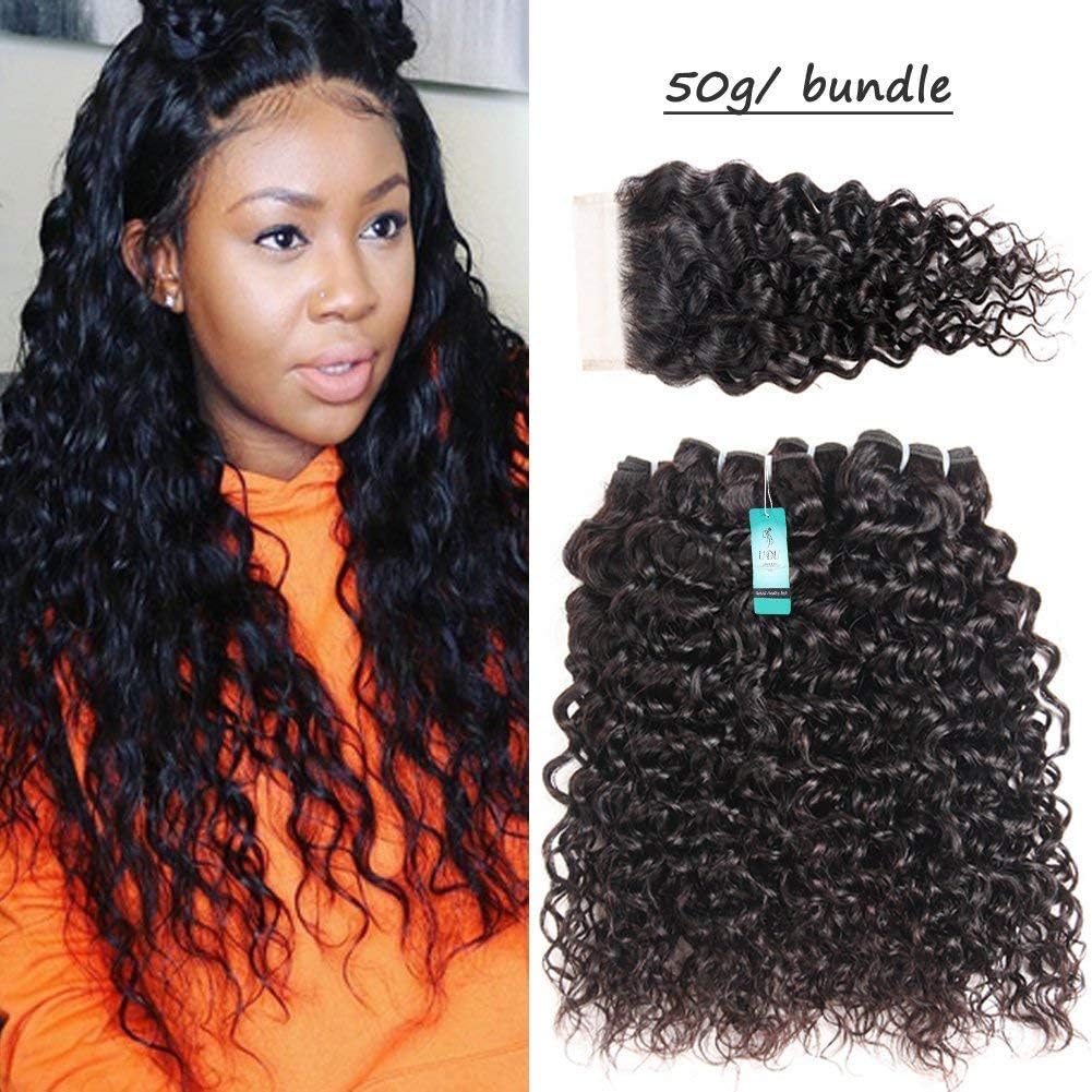 Water Wave Bundles with Closure, UDU 9A Brazilian Human Hair Bundles with Closure Curly Virgin Hair Ocean Weave Weft Human Hair Extensions Nature Black 50g/bundle