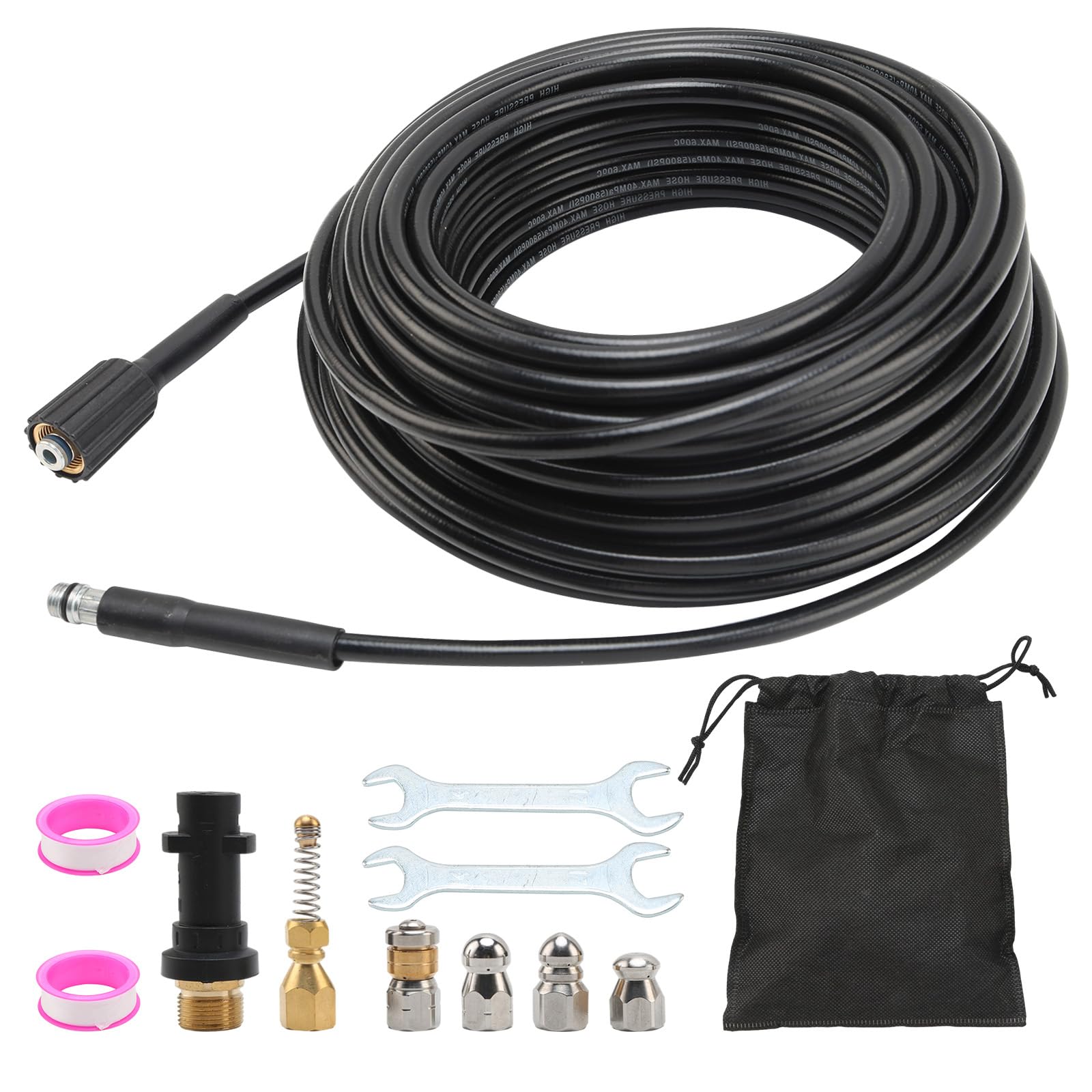 Pipe Cleaning Hose Set 30 m, Compatible with Karcher K2 K3 K4 K5 K6 K7,5800 PSI/400 Bar, 60 °C, Includes 5 Nozzles and 1 Adapter, Efficient Cleaning of Pipes and Drains
