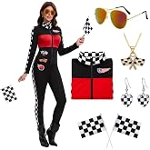 Womens Race Car Driver Costume Adult Racing Jumpsuit Complete 7 Piece Set | Soft Stretchy Fabric &amp; Upgraded Zipper Bold Chest Print &amp; Racing Details Halloween Cosplay Party Ready