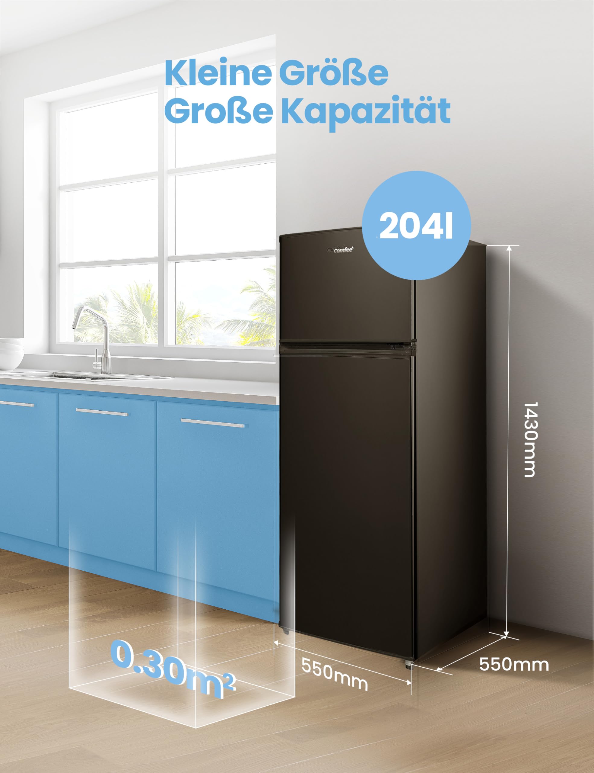 Comfee RCT284DK2A Kühl-/Gefrierkombination/Gefrierteil oben/176 kWh/Jahr/143cm Höhe/LED Licht/Reversibles Türscharnier/Schwarz 3